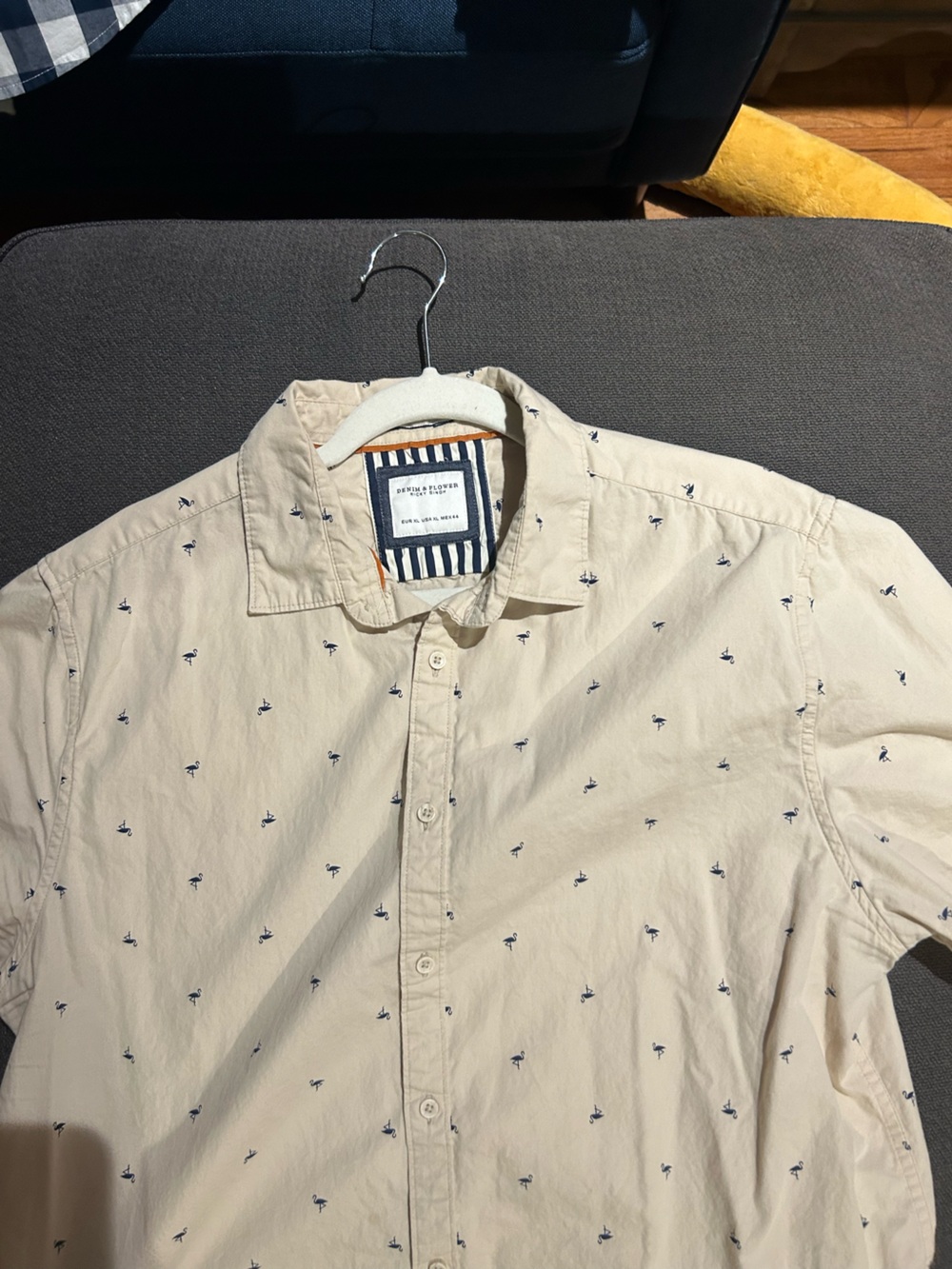 Denim & Flower Beige Short-Sleeve Button-Down with Navy Micro Palm Print